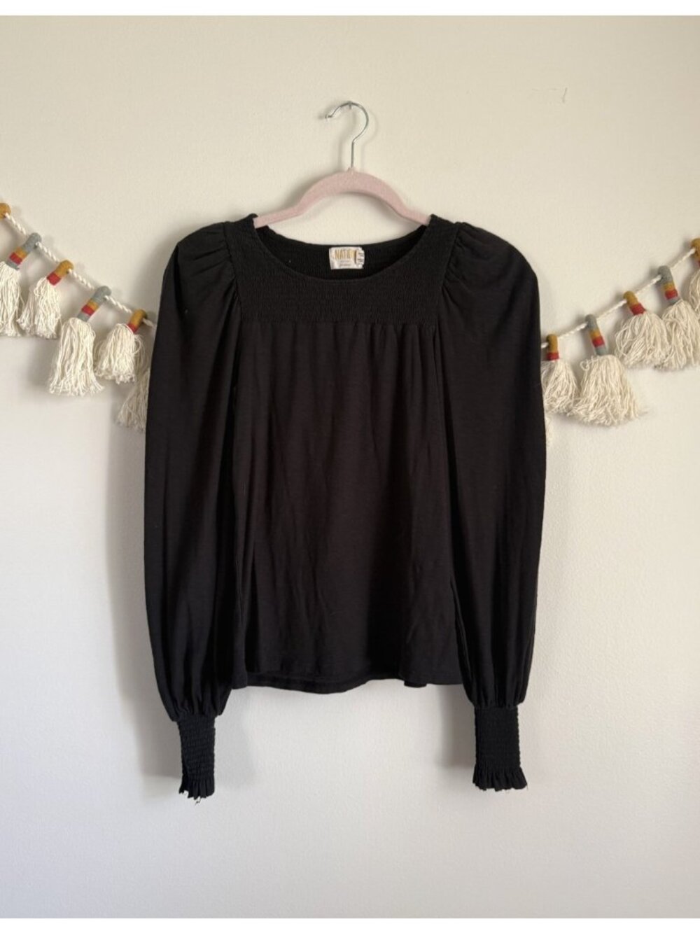 Nation LTD 100% Pima Cotton Smocked Puff Sleeve Top Black Modest Basics Boho XS